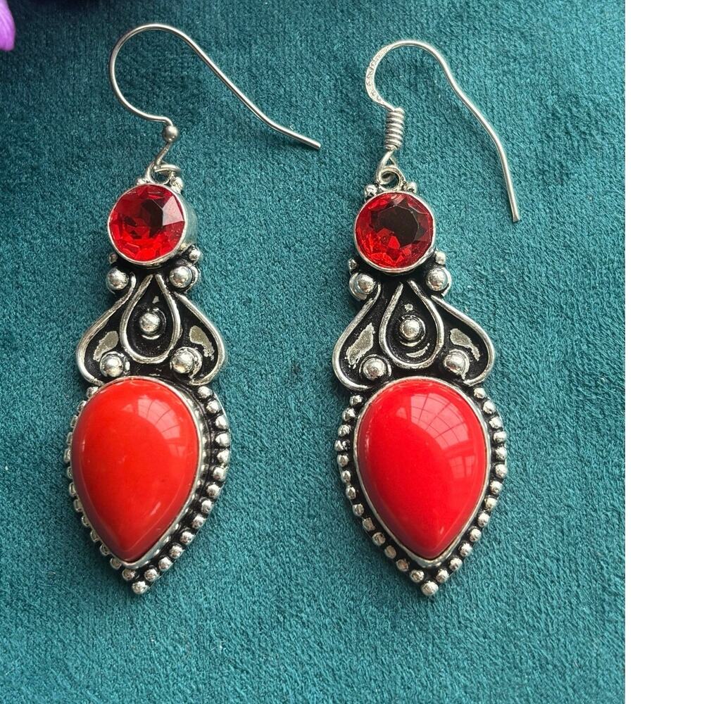 Silver Red Coral and Garnet Dangle Earrings